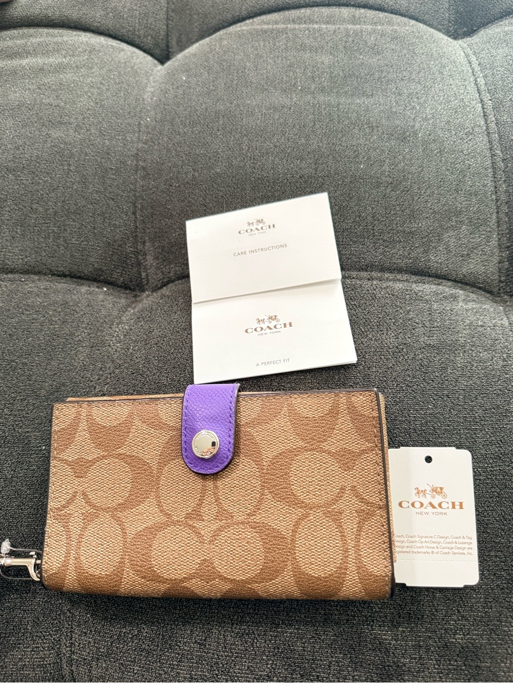 Coach khaki/purple Iris Signature Canvas Wallet with Purple Snap